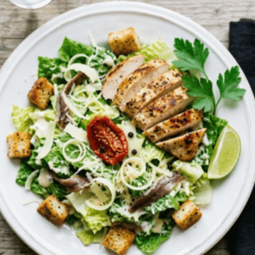 Caesar salad with grilled chicken, romaine, croutons, parmesan, anchovy, sun-dried tomato, and lime